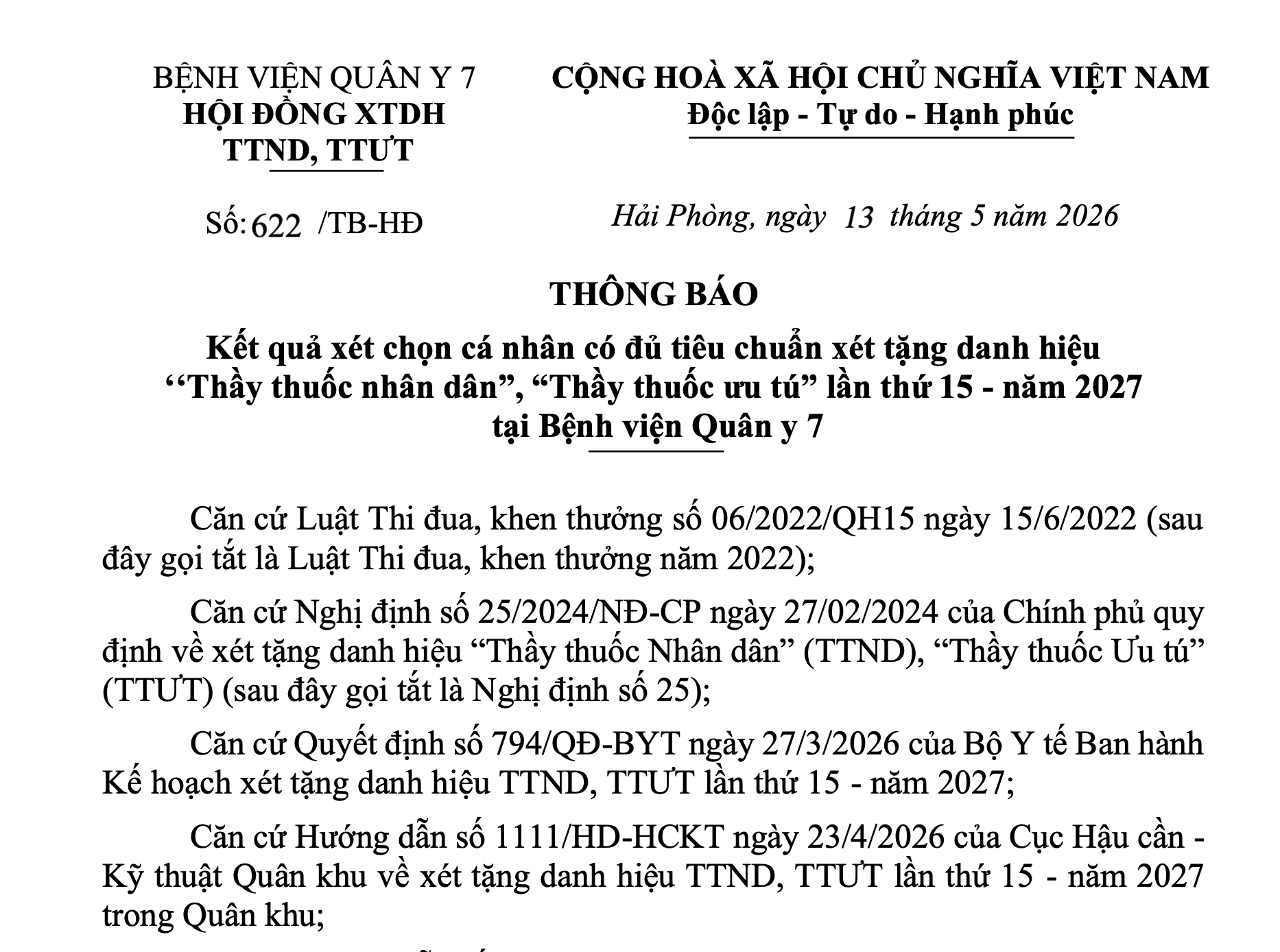 THÔNG BÁO Kết quả xét chọn cá nhân có đủ tiêu chuẩn xét tặng danh hiệu ‘‘Thầy thuốc nhân dân”, “Thầy thuốc ưu tú” lần thứ 15 - năm 2027 tại Bệnh viện Quân y 7